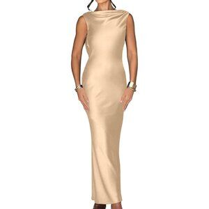 Women's Champagne Elegant Sleeveless High Neck Tie Cocktail Wedding Party Maxi